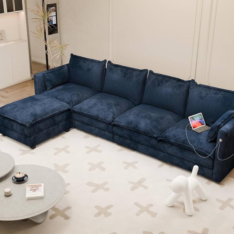 Modular Sectional Sofa L Shaped Couch, 3/4 Seat Sofa Set with Ottoman, Chenille Fabric - Blue-5 Pieces
