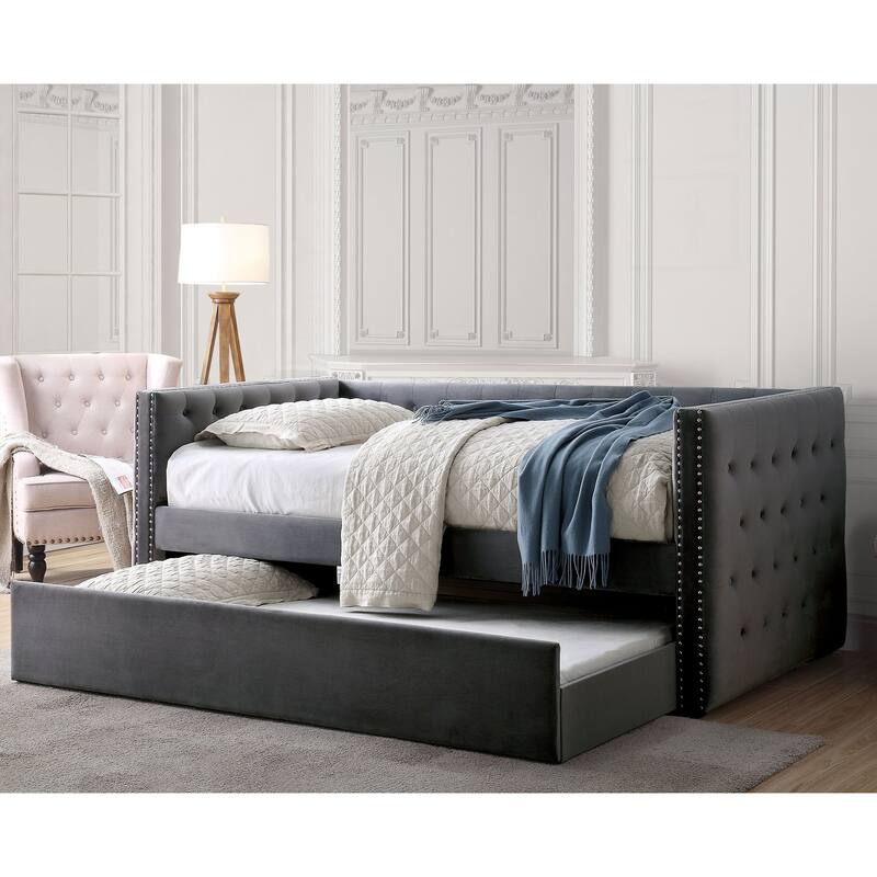 Gracewood Hollow Mokatsi Glam Tufted 2-Piece Daybed with Trundle Set - Grey