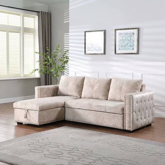 Morden Fort Velvet Reversible Sleeper Sectional Sofa L-Shape with big Storage - Beige