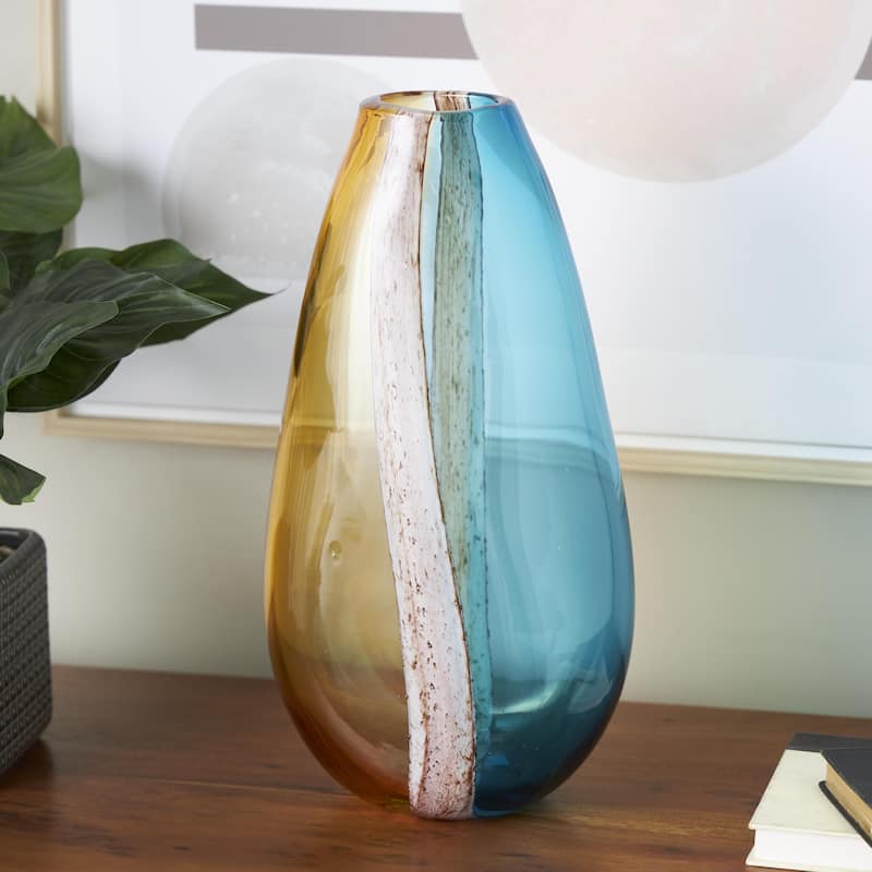 Glass Ombre Decorative Vase with Brown Textured Stripe Details - Multi Colored - Roche River Decor
