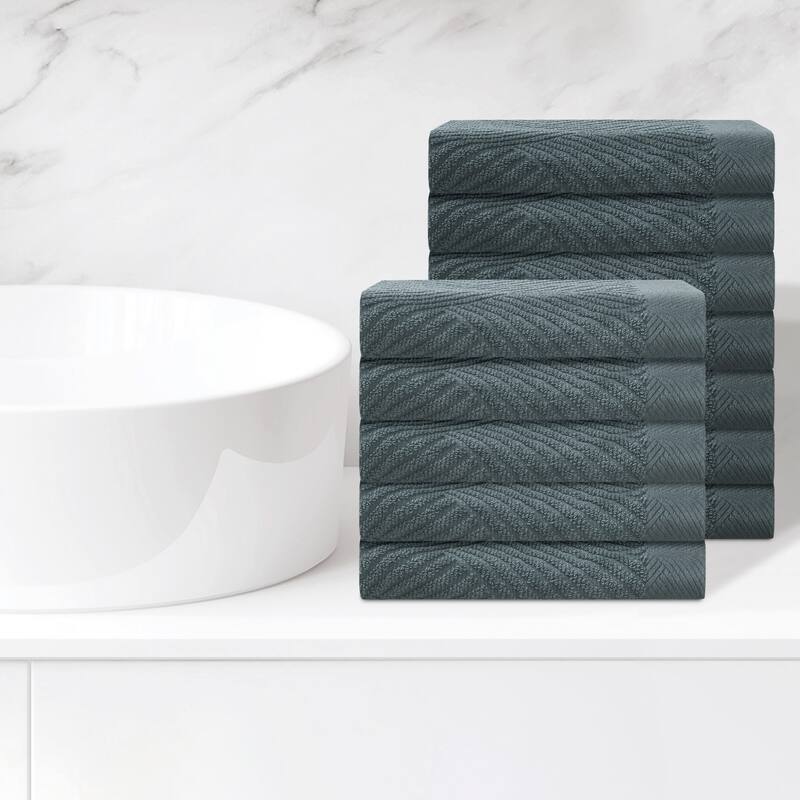 12 Pack Striped Bath Washcloths Set, Cotton, Body and Face Towels for Hotel, Spa, Bathroom 14" x 14" - Dark Grey