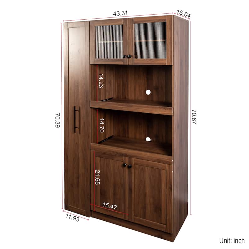 Farmhouse-Style 4-Door Pantry Cabinet – Multi-Tier Pull-Out Shelves & Built-In Organizers for Kitchen or Dining Room Storage.