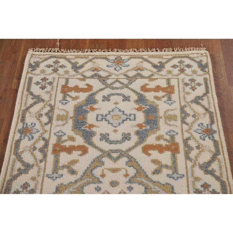 Beige Floral Oushak Runner Rug Hand-knotted Wool Carpet - 2'6"x 9'10"