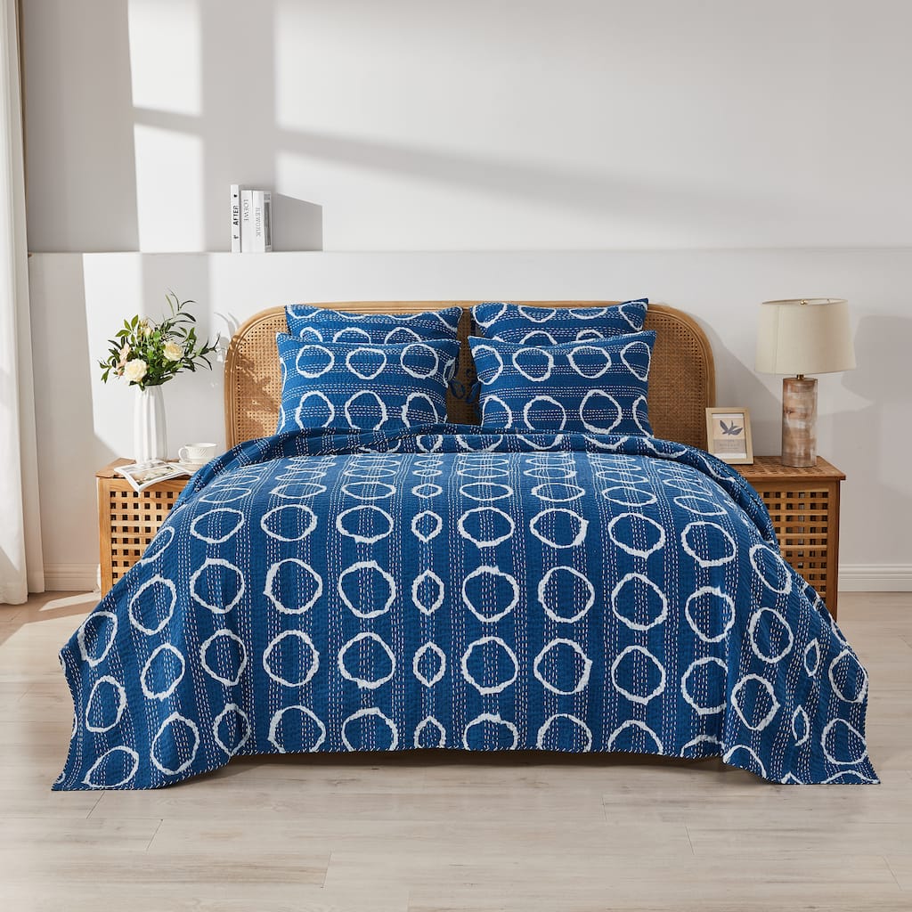 Melange Hand Stitched Kantha Block Print Circle Coverlets and Shams