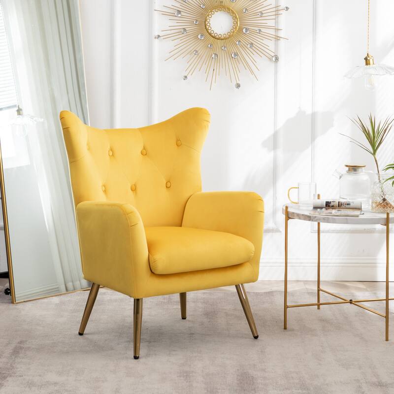 Yellow Modern 30.25" Velvet Button Tufted Accent Chair with Sturdy Gold Metal Legs - Yellow