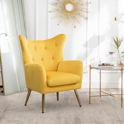 Yellow Modern 30.25" Velvet Button Tufted Accent Chair with Sturdy Gold Metal Legs