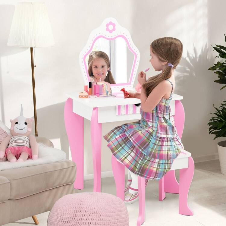 2-in-1 Toddler Vanity Set with Detachable Top & Cute Flower Patterns - N/A