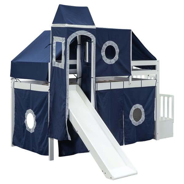 slide 2 of 9, Twin Loft Castle Bed w/ Slide and Tent House Loft Bed w/ Ladder, Gray Blue - Twin