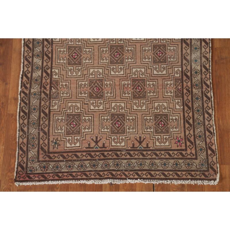 Geometric Balouch Persian Vintage Runner Rug Handmade Wool Carpet - 3'4" x 8'8"