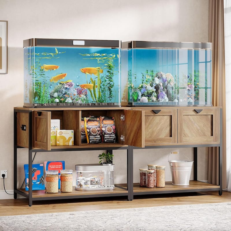 Large Wood Fish Tank Stand, 20-29-37 Gallon Aquarium Stand with Power Outlets & Cabinet Storage