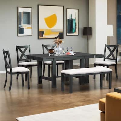 Farmhouse 6-Piece Extendable Dining Table with Footrest, 4 Upholstered Dining Chairs and Dining Bench, Two 11"Removable Leaf