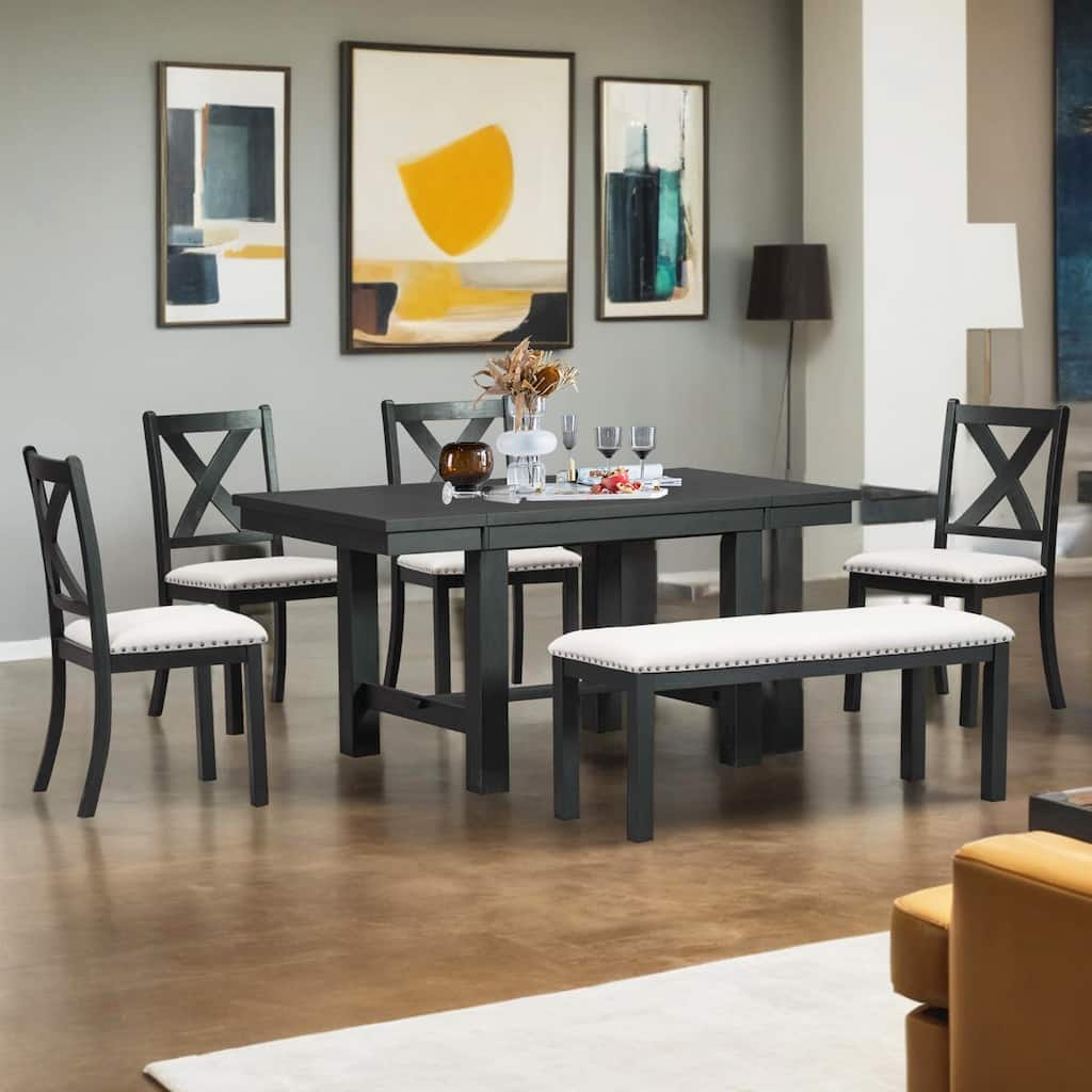 Farmhouse 6-Piece Extendable Dining Table with Footrest, 4 Upholstered Dining Chairs and Dining Bench, Two 11"Removable Leaf