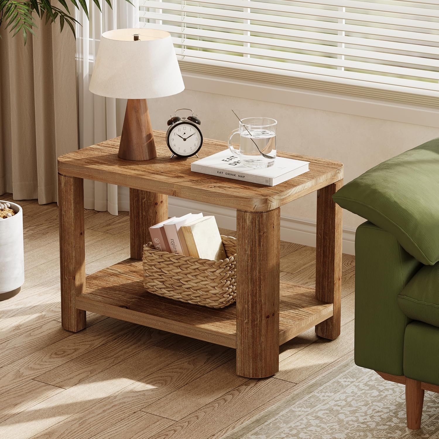 Solid Wood End Table, Farmhouse Side Table with 2-Tier Storage Shelf, Rectangle Bedside Nightstand