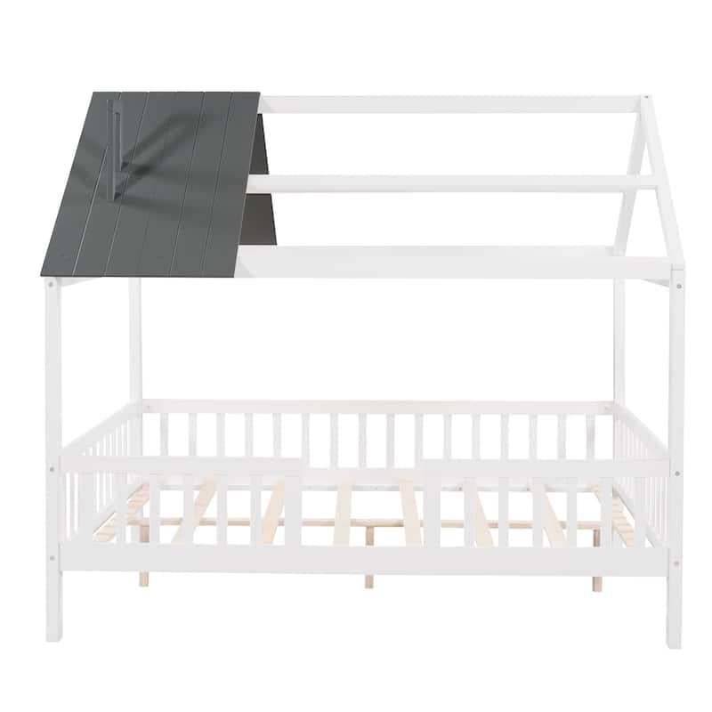 Merax Twin/Full Size Wood House Bed with Fence