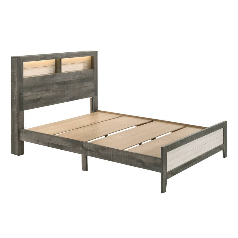Queen Size Platform Storage Bed with Built-in Lighting, Modern Farmhouse Style, Gray Beige