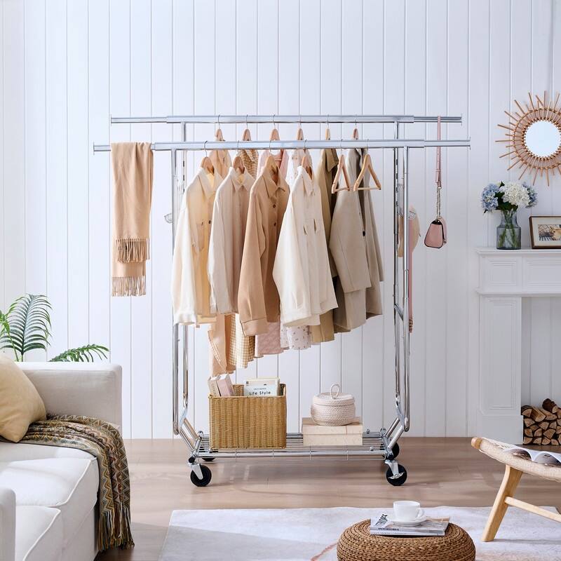 Mieres Double Clothing Rack, Collapsible Clothing Rack Max Capacity 800lbs, Industrial Rolling Rack with Bottom Shelf