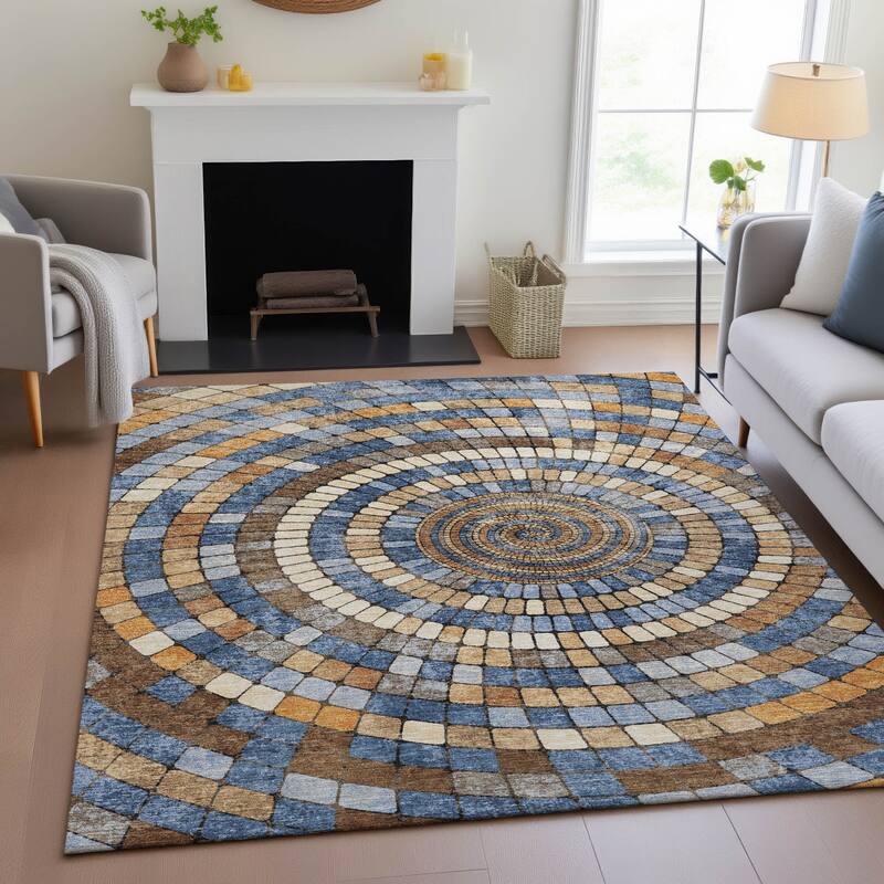 Machine Washable Indoor/Outdoor Contemporary Pinwheel Chantille Rug