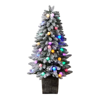 4ft. Winter Flocked Pre-Lit Artificial Christmas Tree w/ 40 Globe Lights & 259 Branches in Planter - Indoor Outdoor X-Mas Décor