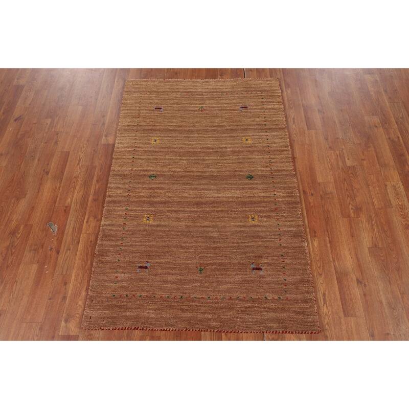 Brown Striped Gabbeh Indian Accent Rug Hand-Knotted Wool Carpet - 3'2" x 4'10"