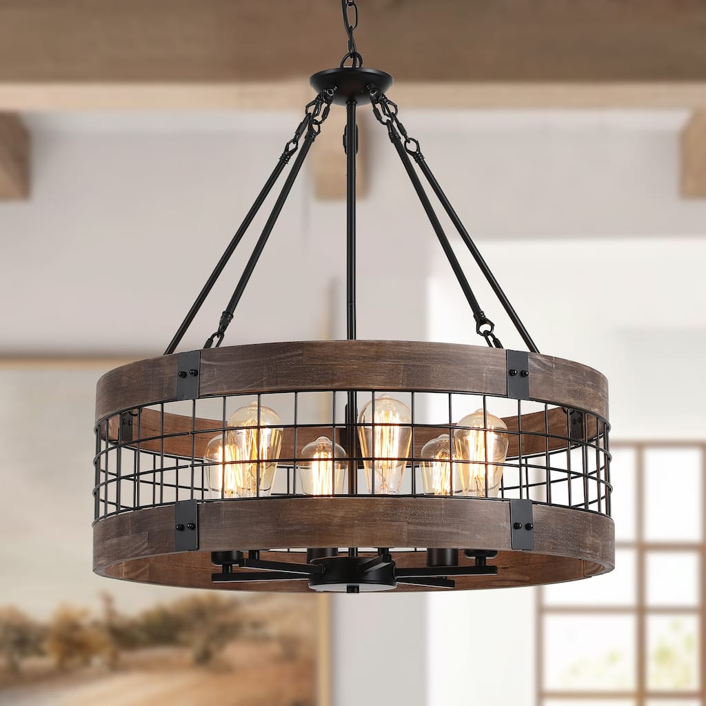 Modern Farmhouse Rustic 6-Light Wood Drum Chandelier for Dinning Room