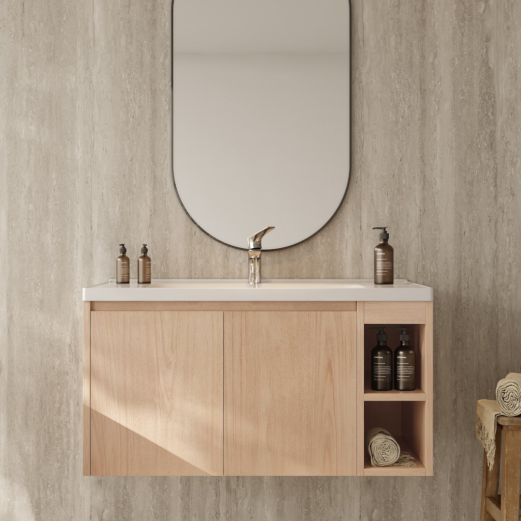 Modern 35.8" Wall-Mounted Single Bathroom Vanity with Ceramic Top - L 35.7'xW 18.9'