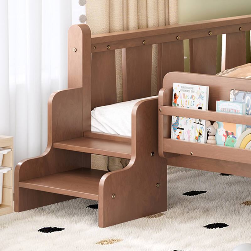 Full/Twin Floor Bed with Storage Bookcases & Cute Stairs - Solid Wood Kids Bed, No Box Spring