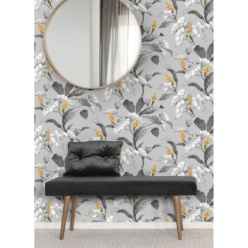 Brewster Meridian Parade Grey Tropical Leaves Wallpaper