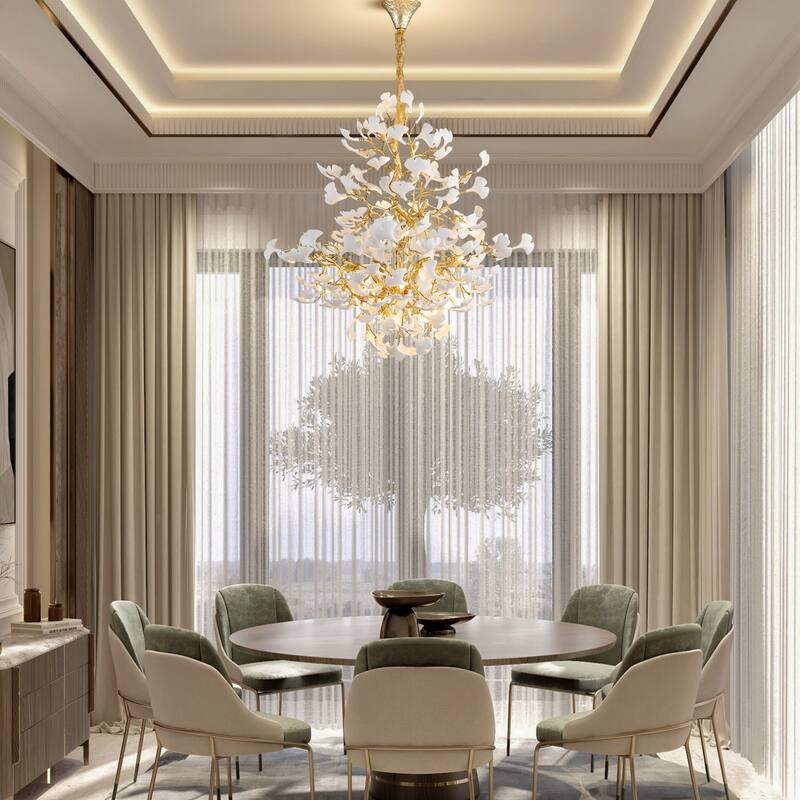 Modern Ginkgo Leaf Ceramic Chandelier, Moon Ring Round Pendant Light, D550-D1200, Gold Finish