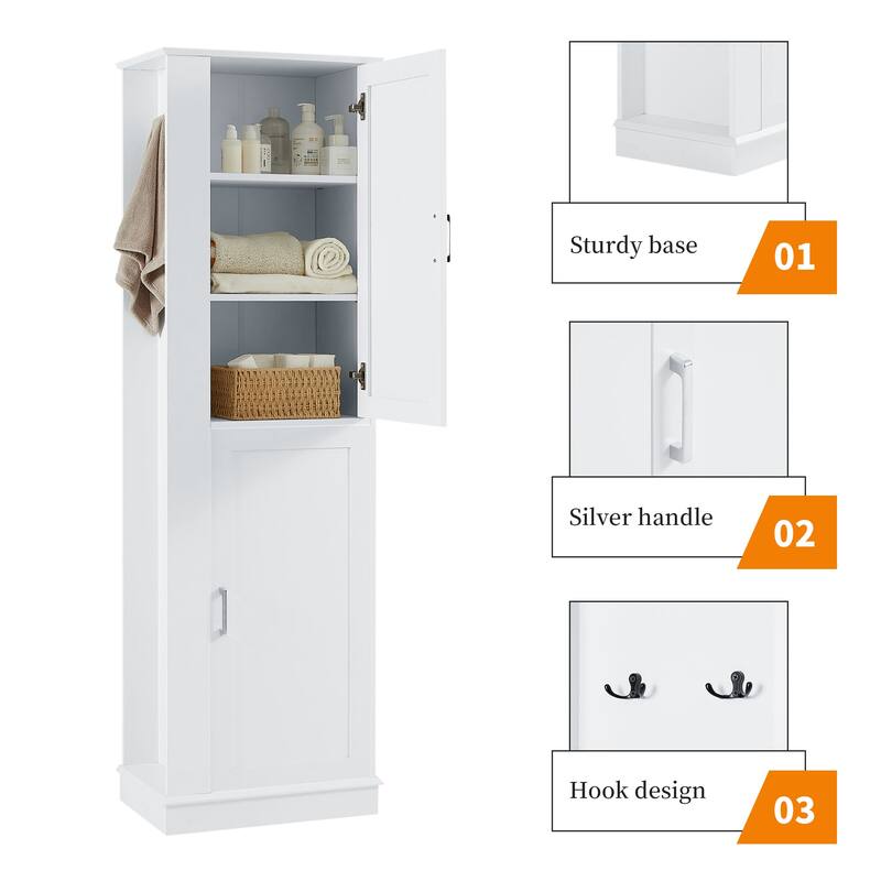 Freestanding Cabinet Tall Bathroom Storage Cabinet with Left or Right Hook, Adjustable Shelves and Anti-toppling Device
