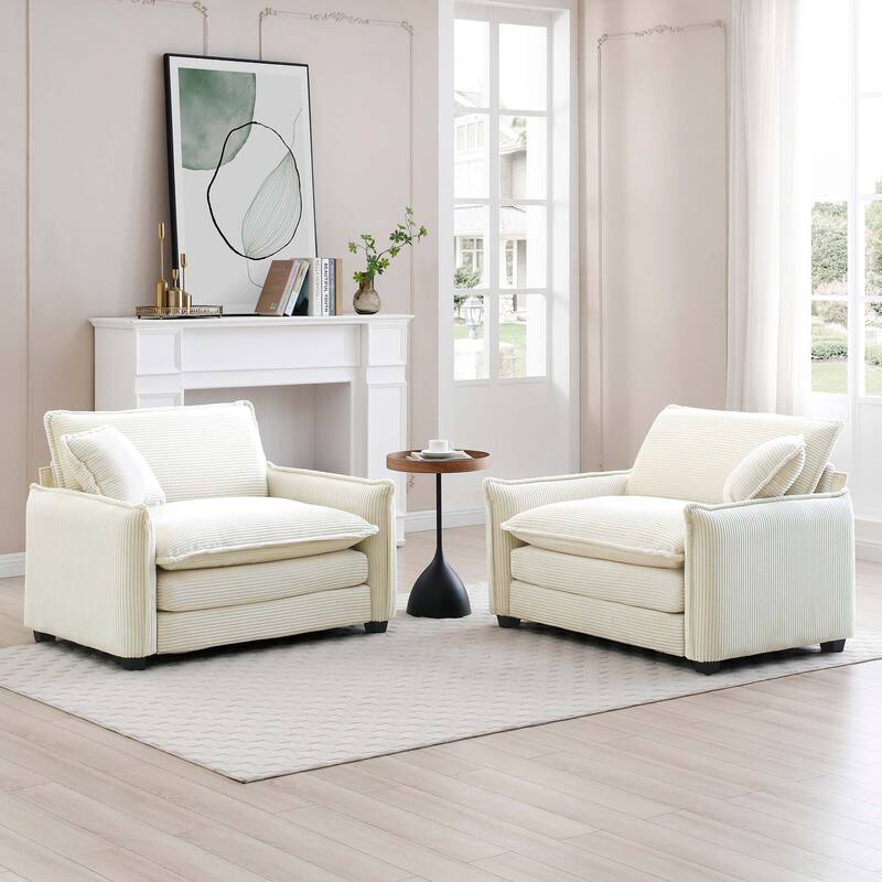 Roomfitters 2-Piece Beige Corduroy Sofa Set, Deep Seated Modular Chairs with Memory Foam & Pillows