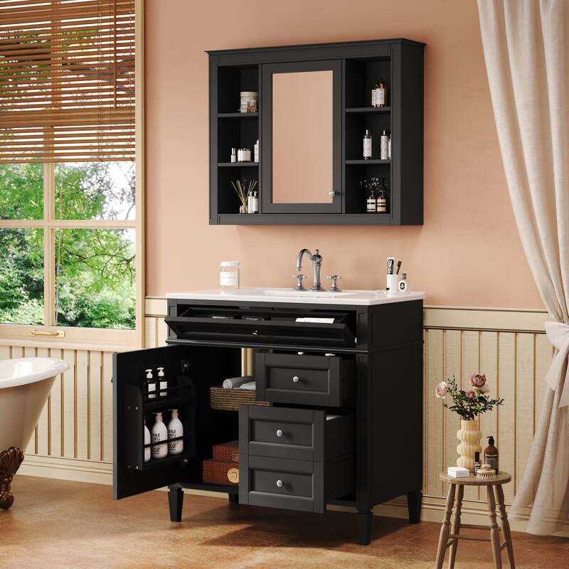 Freestanding Bathroom Vanity & Wall Mounted Mirror Cabinet Set with Resin Sink, Open Shelves, Drawers and Adjustable Shelves