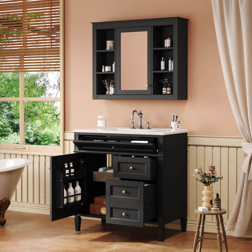 Roomfitters 36 Inch Bathroom Vanity with Sink and Mirror, Storage Cabinet with Drawers and Open Shelves
