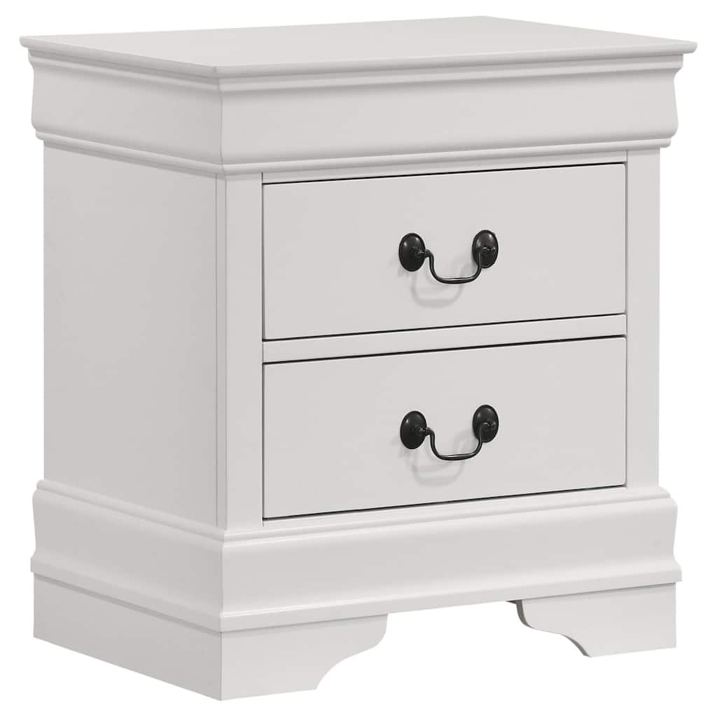 White Transitional 2-Drawer Nightstand with Molded Trim, Bracket Feet, Hanging Pulls and Smooth Glide Drawers