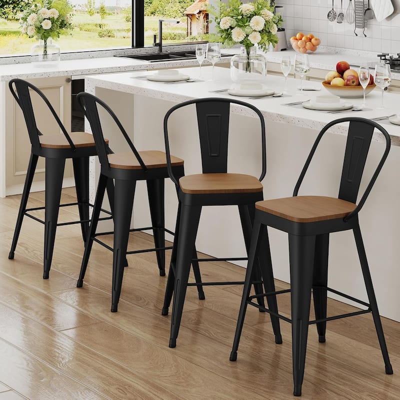 Counter Stools with Metal Frame Counter Height Bar stools with High Back 24" Kitchen Bar Furniture Stools with Wooden Seat