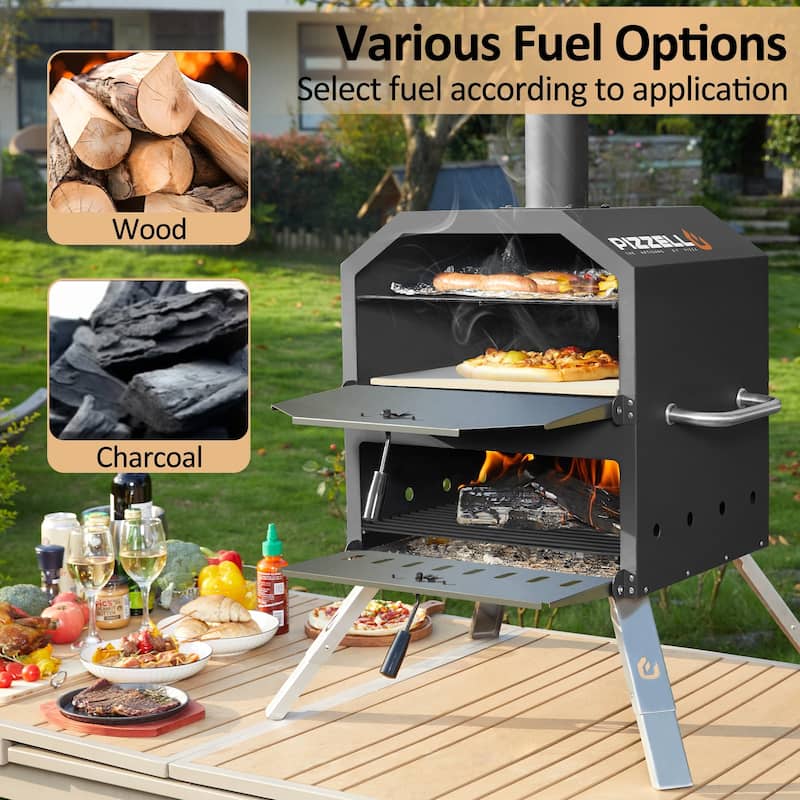 2-Layer Outdoor Pizza Oven Wood Fired Pizza Maker Outside Pizza Grill for Camping - 16 inch