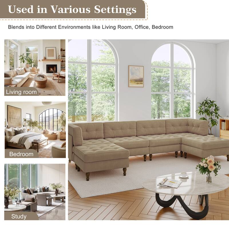130"W Corduroy Upholstered Modular Sectional Sofa with Storage Ottoman