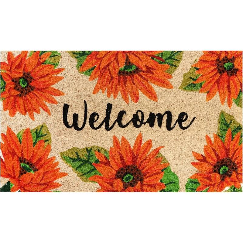 A1HC Natural Coco Coir Door Mat with Heavy Duty Non-Slip PVC Backing 18" x 30" - Orange Sunflower