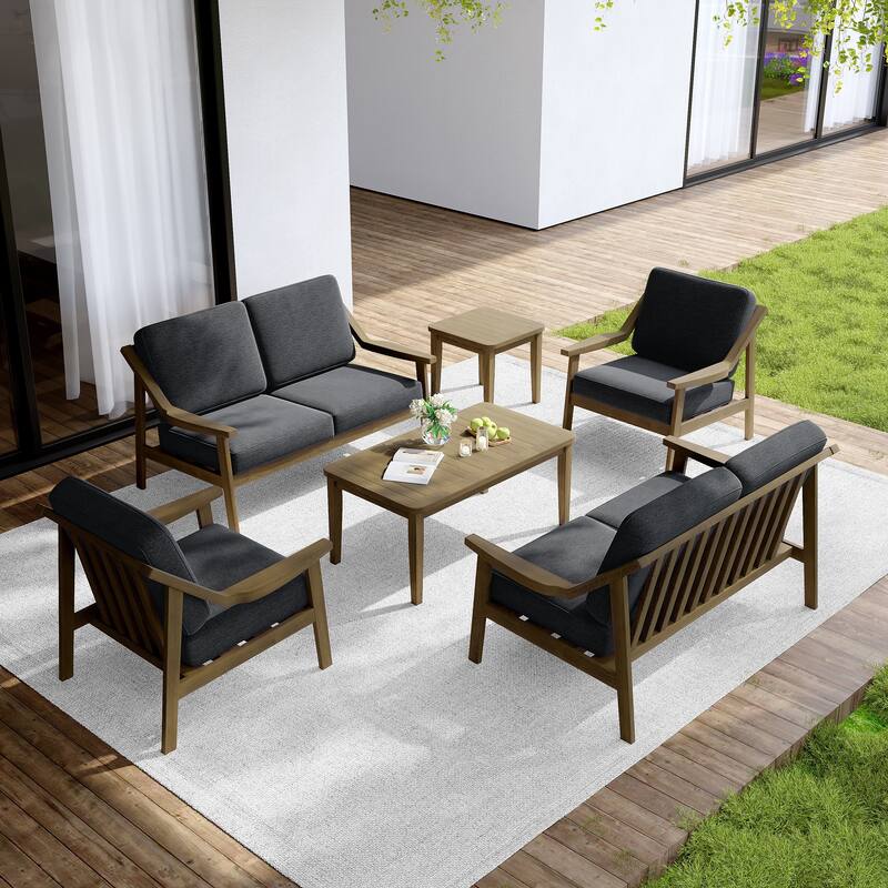 Outdoor Conversation 6 Seater Patio Chat Set with Cushions and Table - Natural Wood - Dark Grey