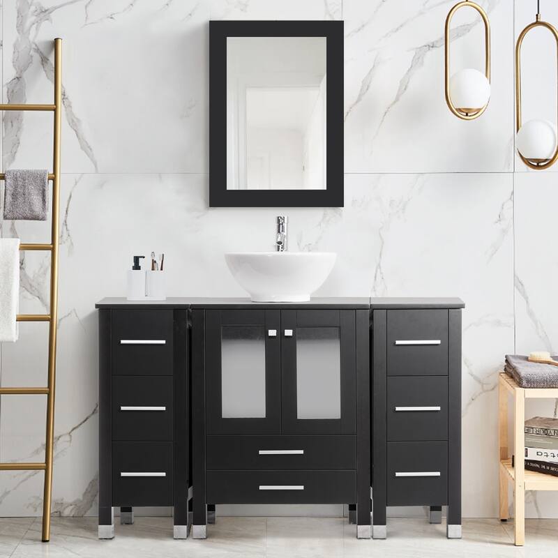 48" Bathroom Vanity with Sink Set Side Cabinet Combo - Black - B-Ceramic round sink