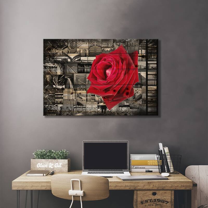 Rose In City Print On Wood by Unknown Artist - Multi-Color