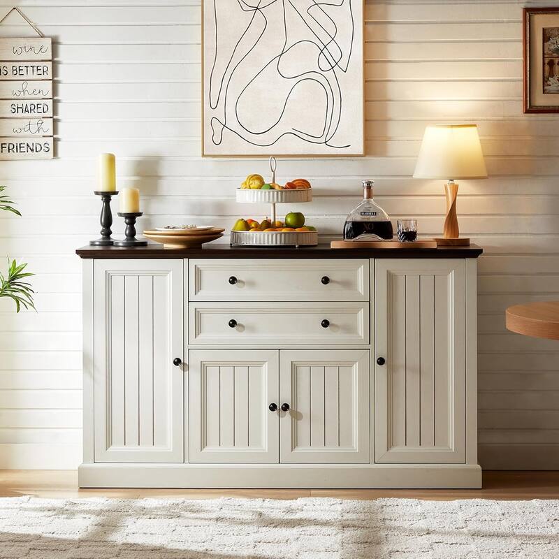 58" Farmhouse Buffet Cabinet, Sideboard Buffet Storage Cabinet with 2 Large Drawers and 4 Grooved Barn Doors - white wood