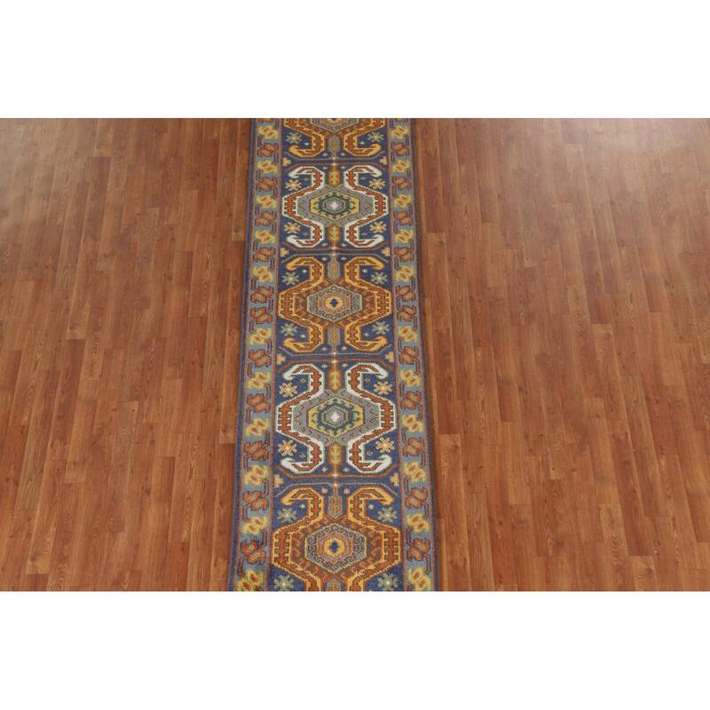 Blue Geometric Kazak Indian Runner Rug Handmade Wool Carpet - 2'7"x 9'9"
