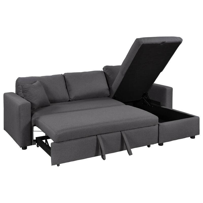 Grey Lshape Sectional Recliner Sleeper Sofa w/ Pull Out Bed & Pillows