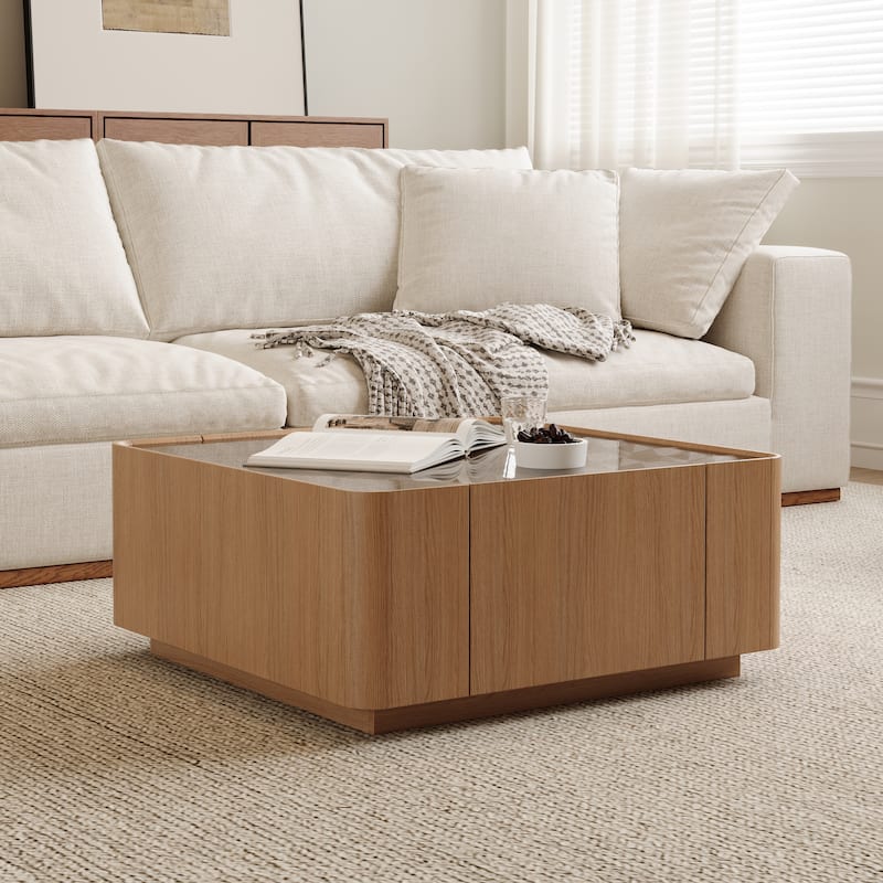 31.5-Inch Square Coffee Table with Storage Drawers,Modern Wooden Coffee Table with Glass Top ,Tea Table Center Tables