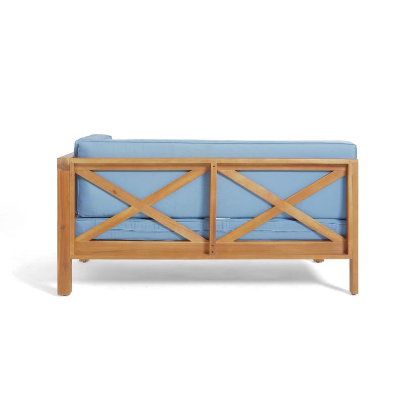 Roomfitters X-Back Corner Bench with Coffee Table, Outdoor Wooden Patio Sofa with Cushions for Garden or Porch