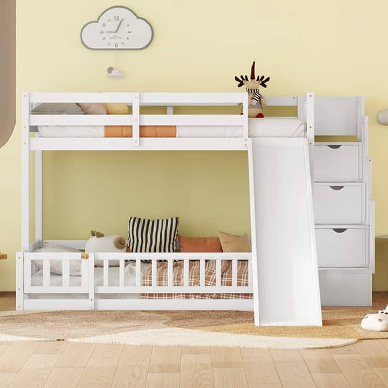Twin Over Full Multifunctional Kids Bunk Bed Frame with Slide, Wooden Loft Bed with Storage Staircase and Guardrails