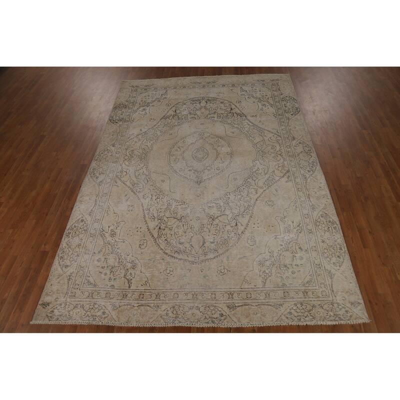 Vintage Distressed Tabriz Persian Area Rug Hand-Knotted Wool Carpet - 7'4" x 10'7"