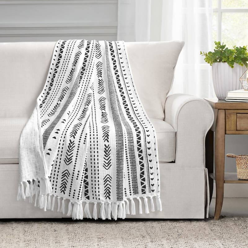 Lush Decor Hygge Stripe Cotton Slub Tassel Fringe Throw Blanket - Black & White
