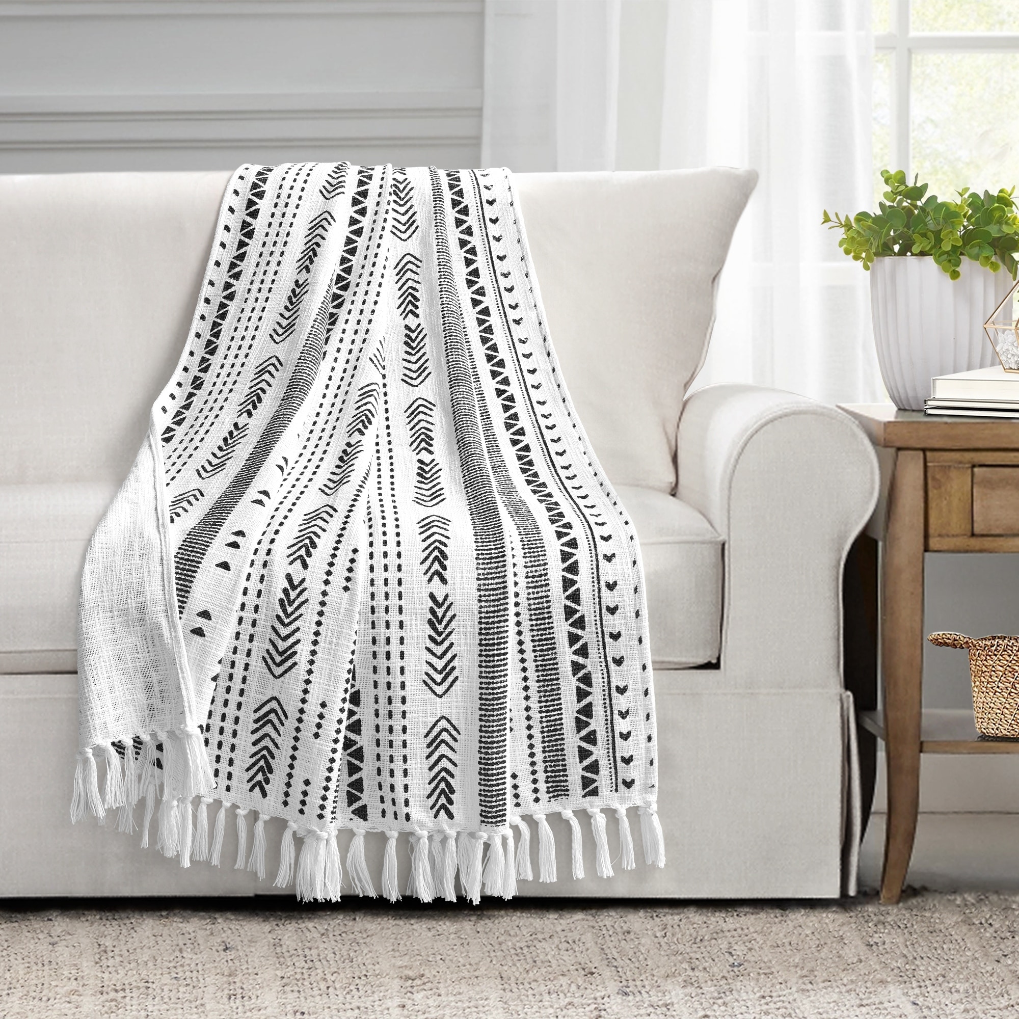 Lush Decor Hygge Stripe Cotton Slub Tassel Fringe Throw Blanket