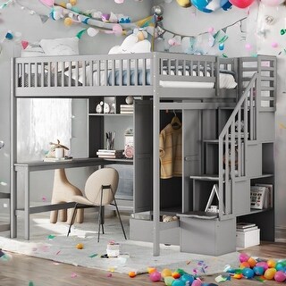 Full Size Sturdy Construction & Unique Design Loft Bed with Bookshelf,Drawers,Desk,and Wardrobe,